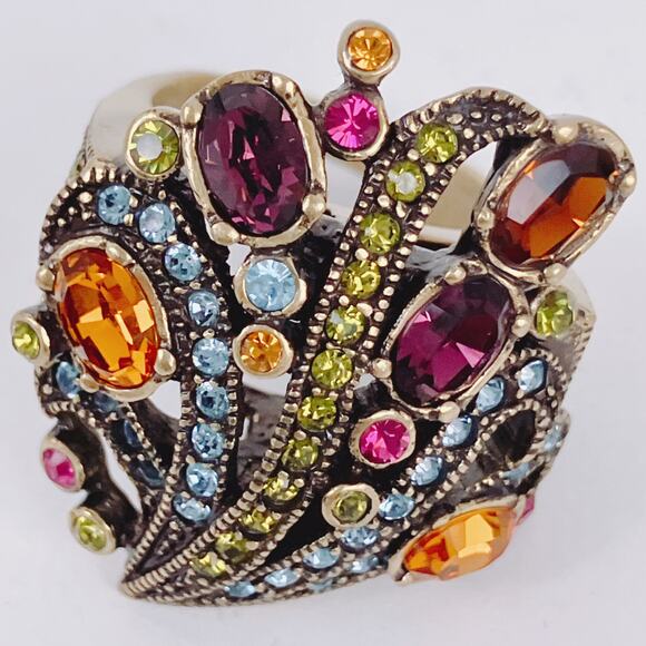 Signed Heidi Daus Swarovski Crystal Colorful Gold Tone Cocktail Ring Size 6.75 - Picture 6 of 10